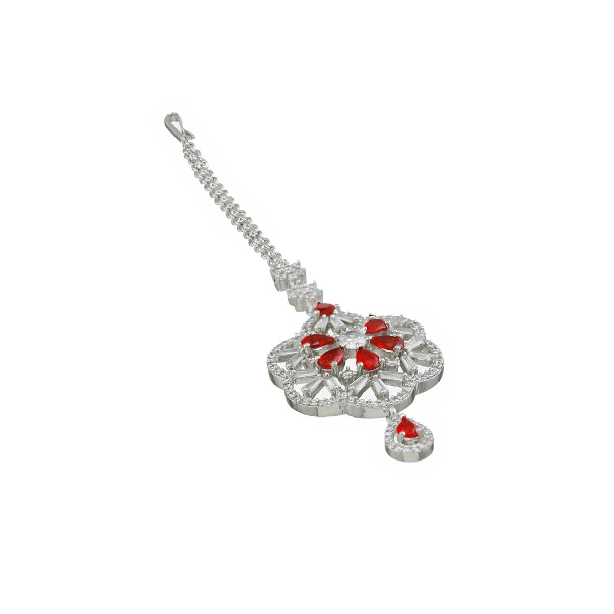 Aatmana Women Silver Plated Red & White American Diamond Studded Handcrafted Maangtikka