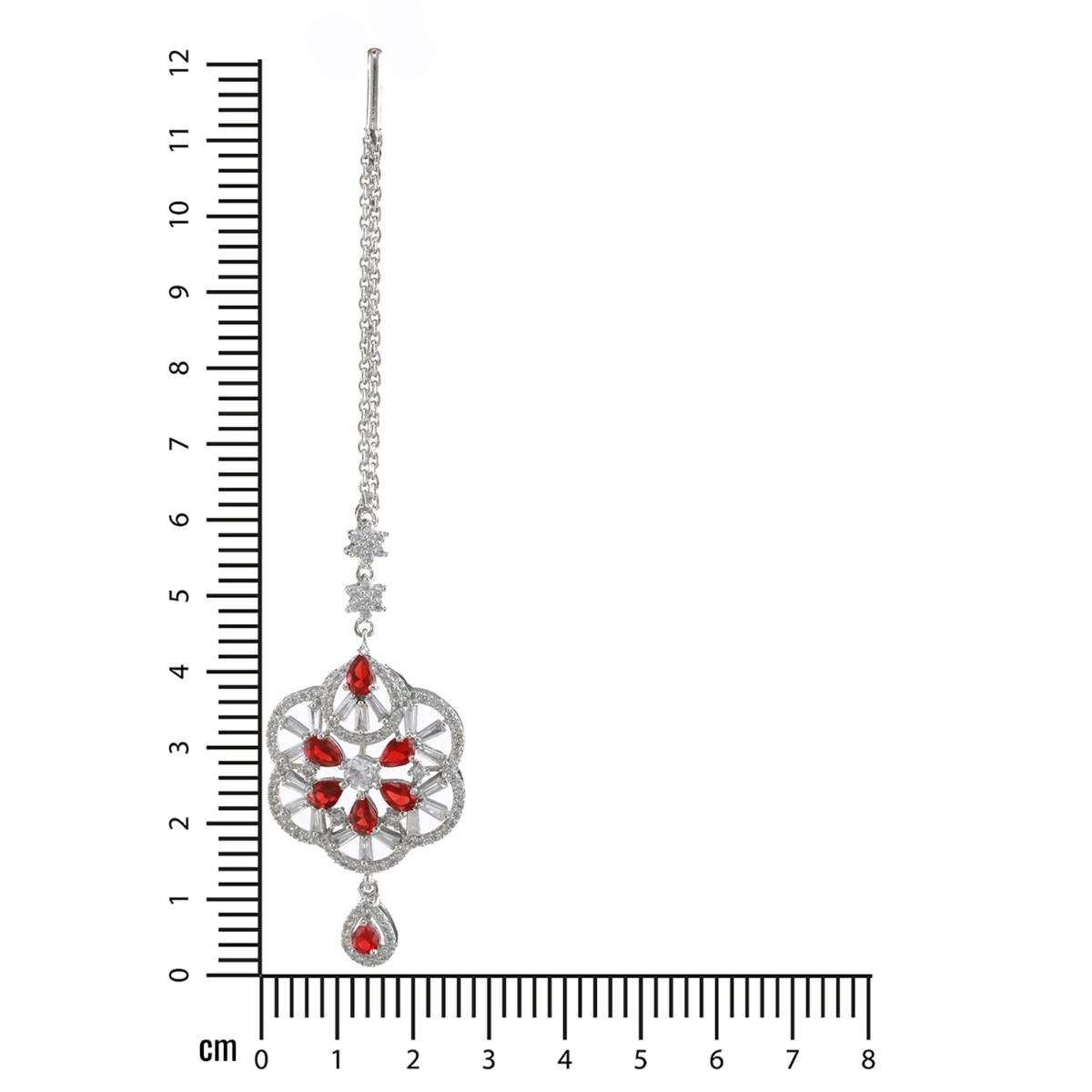 Aatmana Women Silver Plated Red & White American Diamond Studded Handcrafted Maangtikka