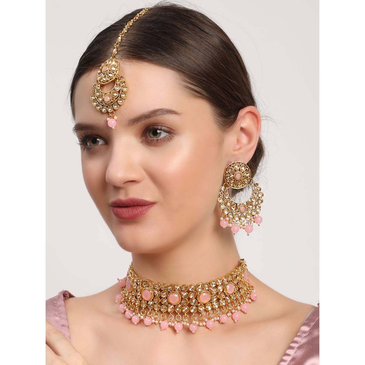 Aatmana Pink Pearls Kundan Beads Gold Plated Choker Set with Maangtikka