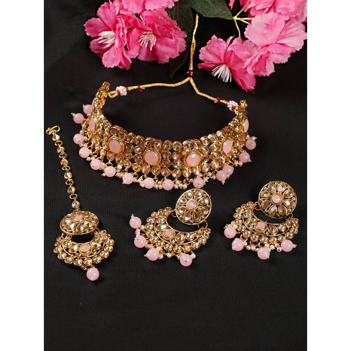 Aatmana Pink Pearls Kundan Beads Gold Plated Choker Set with Maangtikka