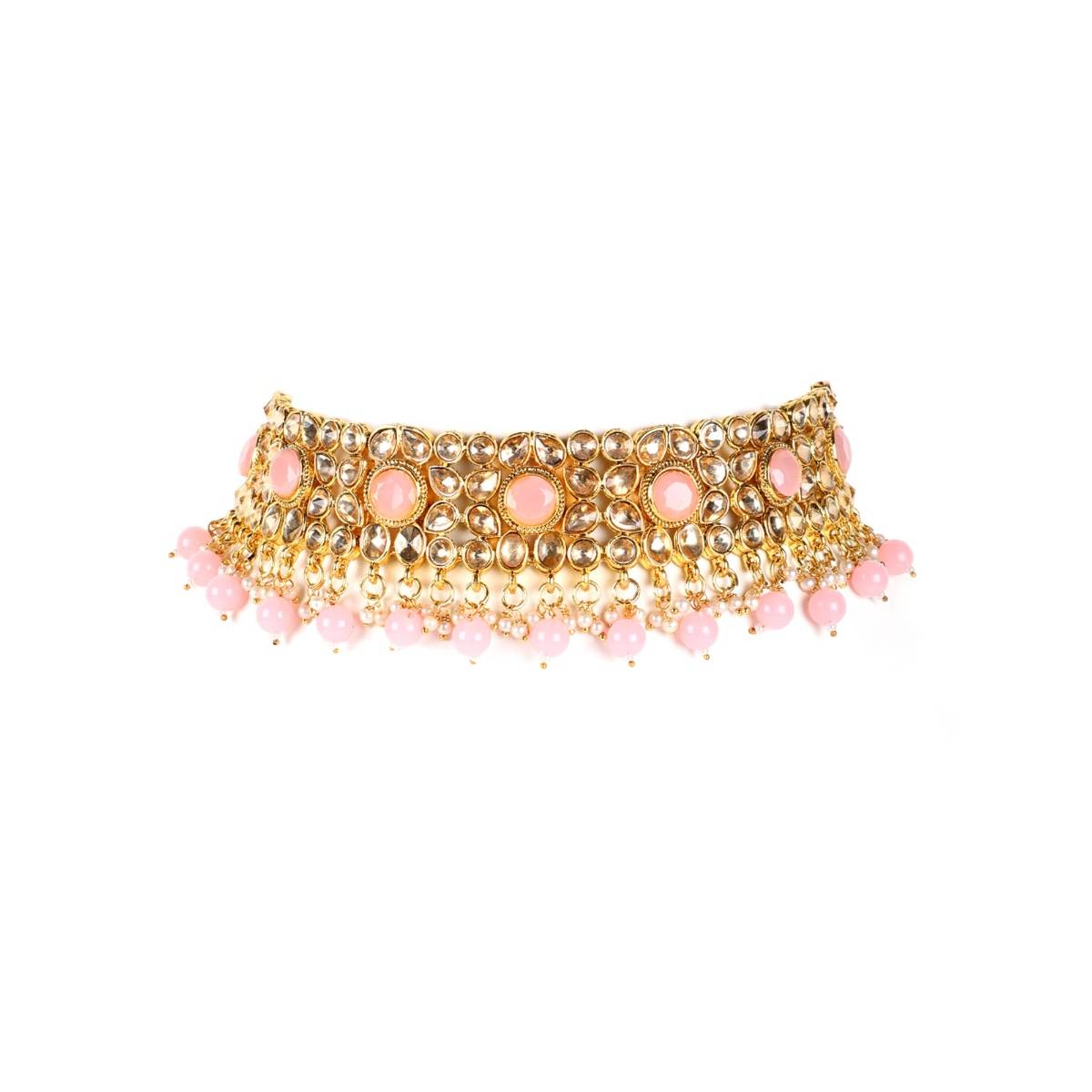 Aatmana Pink Pearls Kundan Beads Gold Plated Choker Set with Maangtikka
