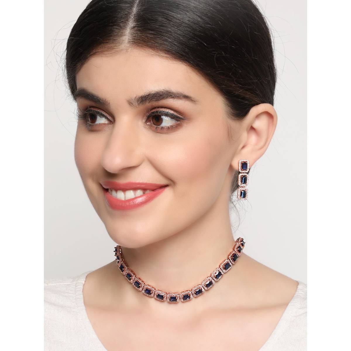 Aatmana Blue American Diamond Gold Plated Jewellery Set