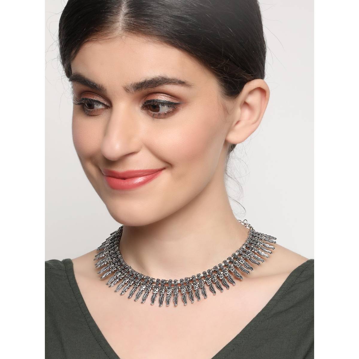 Aatmana Silver Plated Spiked Oxidised Tribal Necklace