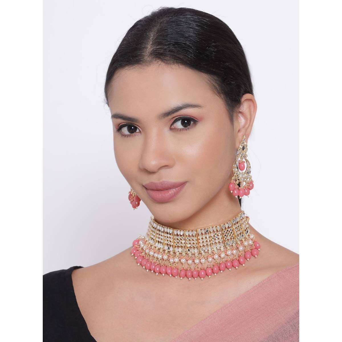 Aatmana White Silver Plated Pink Beaded Choker Set
