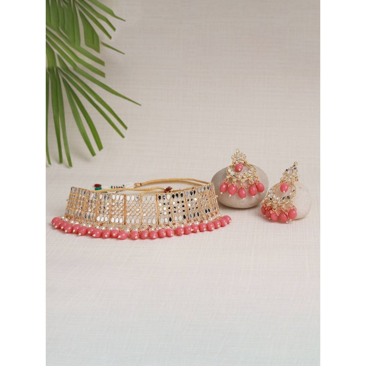 Aatmana White Silver Plated Pink Beaded Choker Set