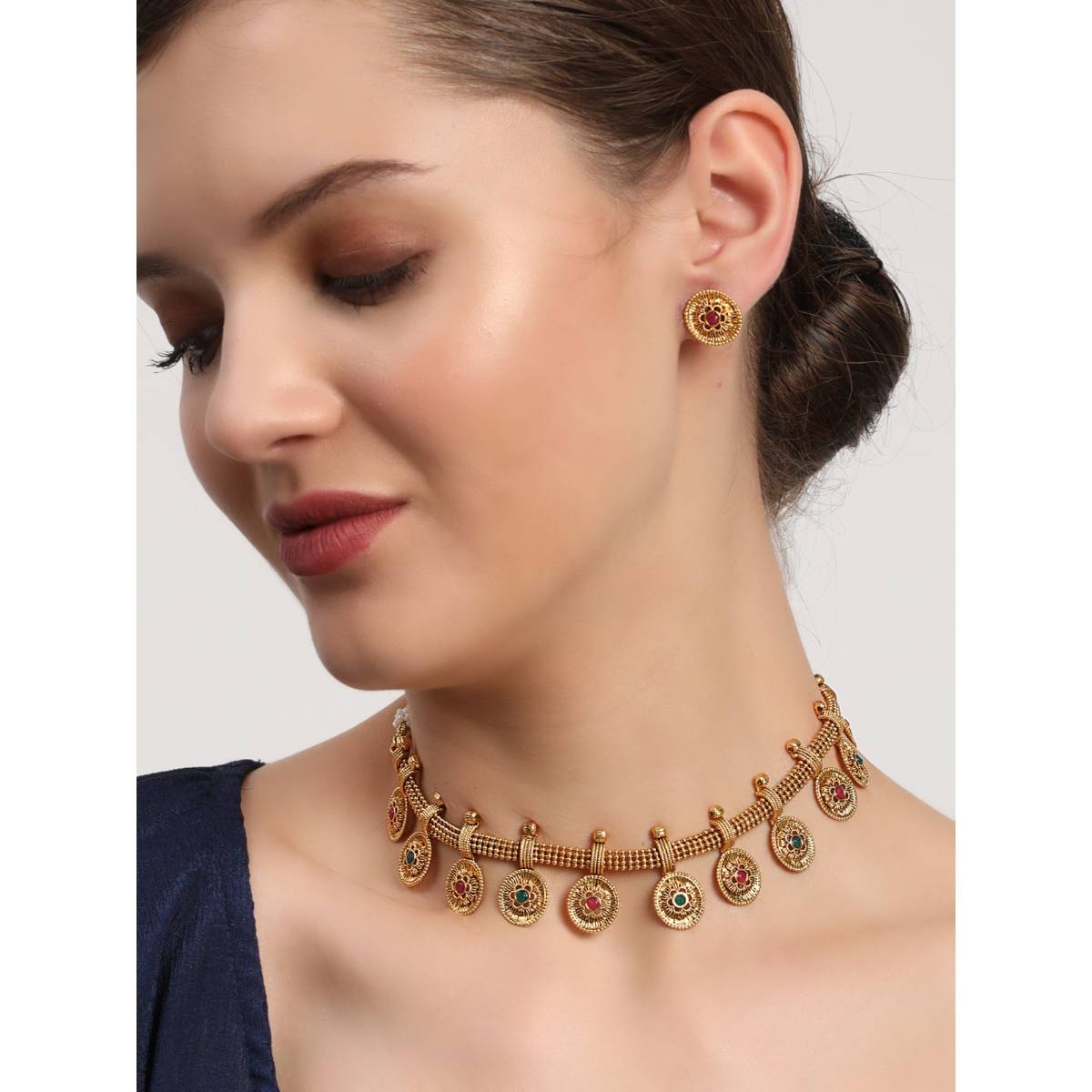 Aatmana Ruby & Green Gold Plated Stone Studded Handcrafted Jewellery Set · One Size