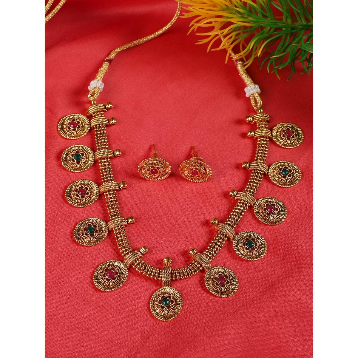 Aatmana Ruby & Green Gold Plated Stone Studded Handcrafted Jewellery Set · One Size