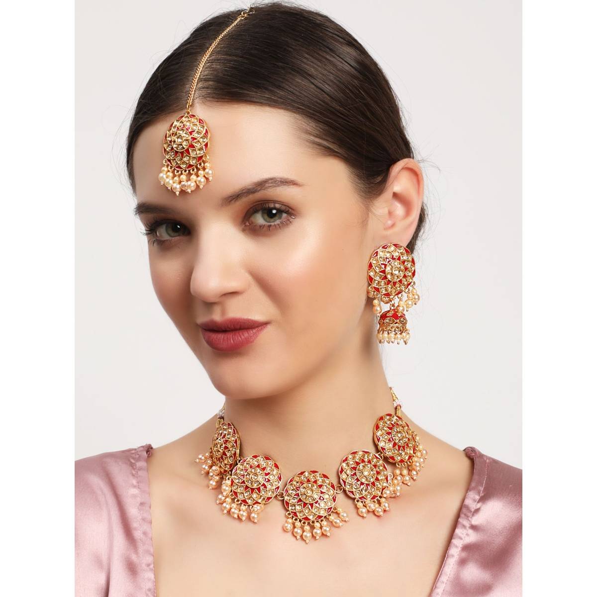 Aatmana Red Kundan Pearls Gold Plated Choker Set with Maangtikka