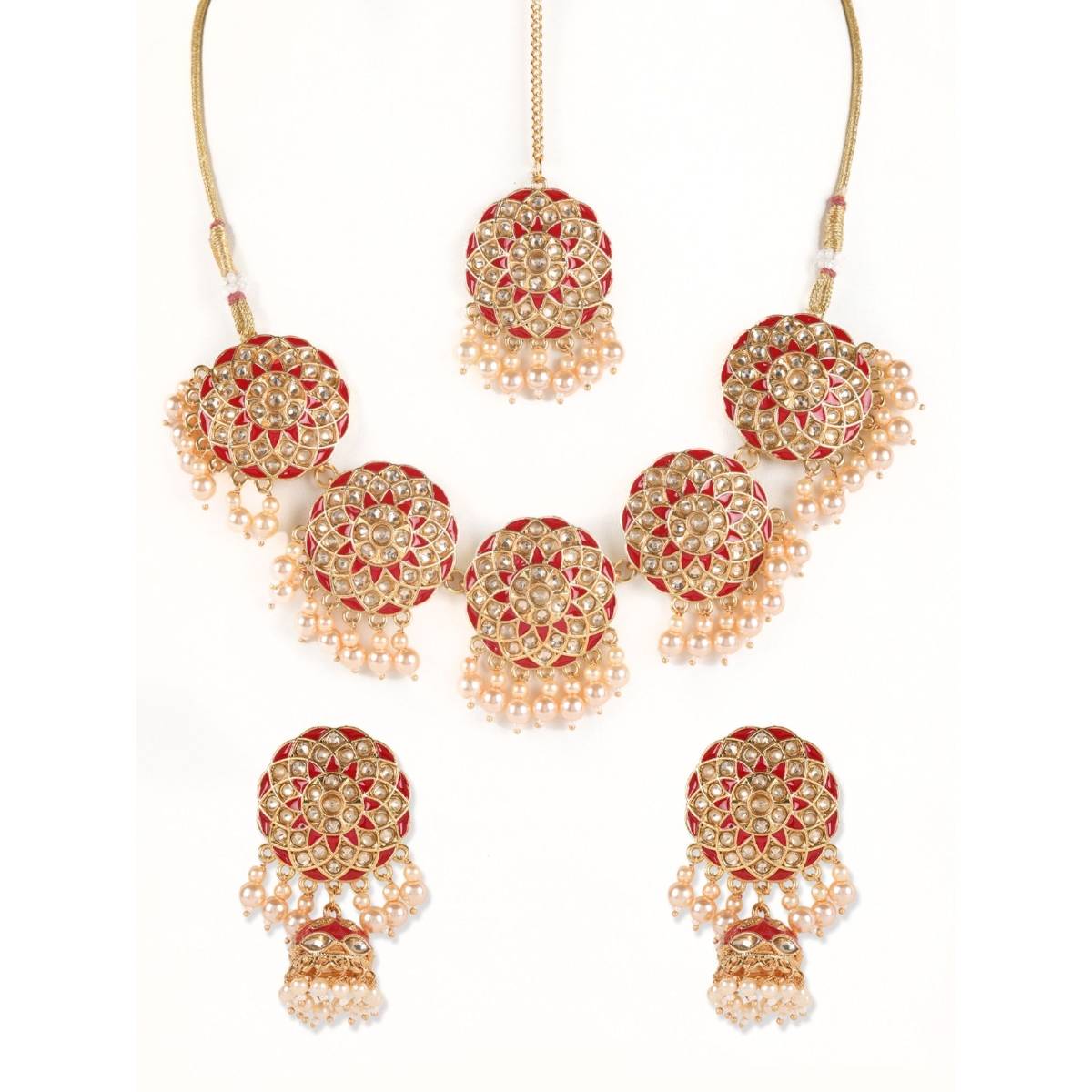 Aatmana Red Kundan Pearls Gold Plated Choker Set with Maangtikka