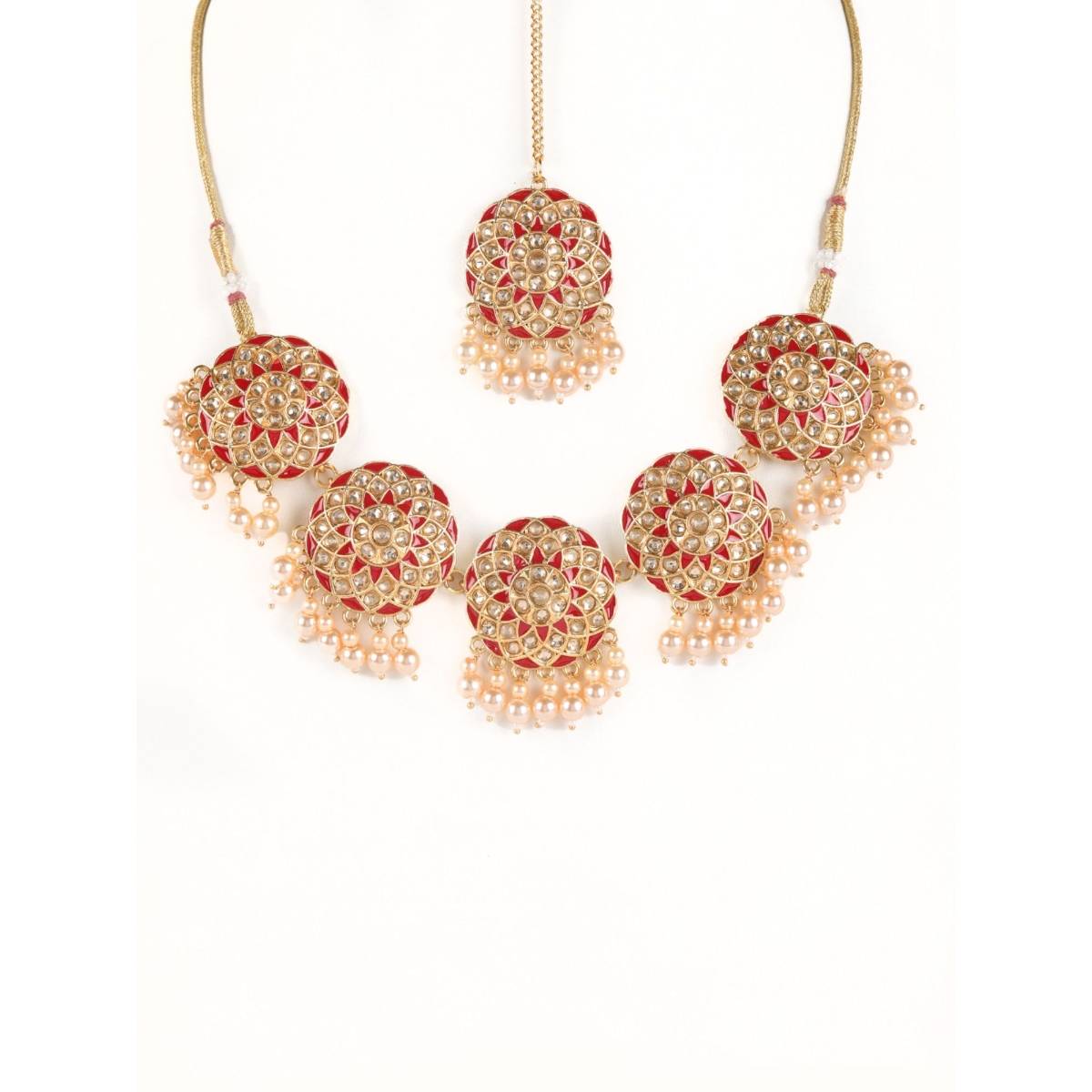 Aatmana Red Kundan Pearls Gold Plated Choker Set with Maangtikka