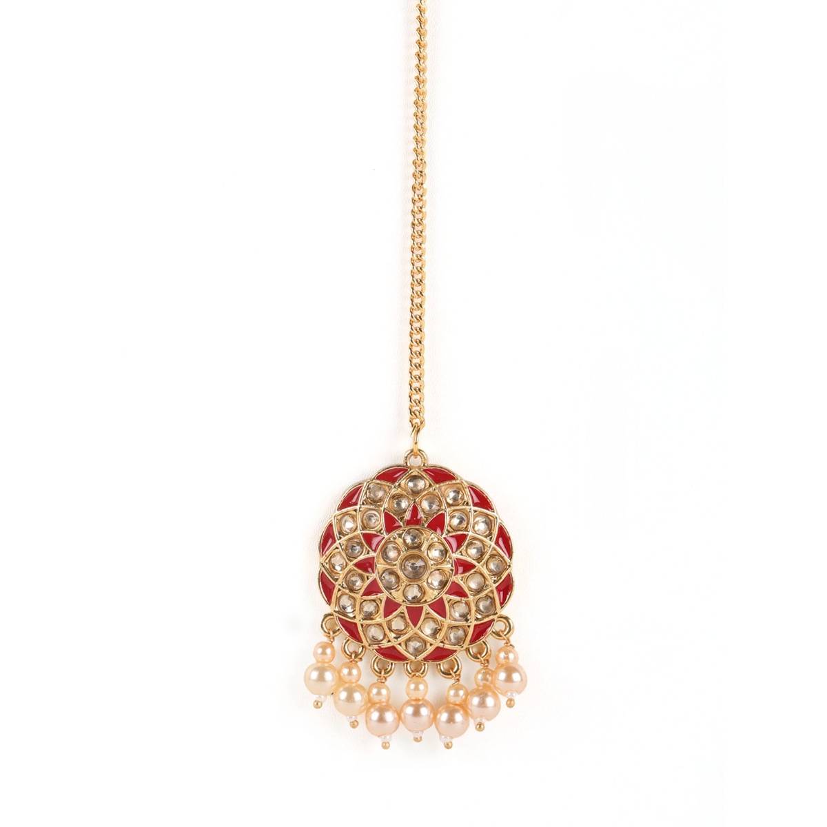 Aatmana Red Kundan Pearls Gold Plated Choker Set with Maangtikka