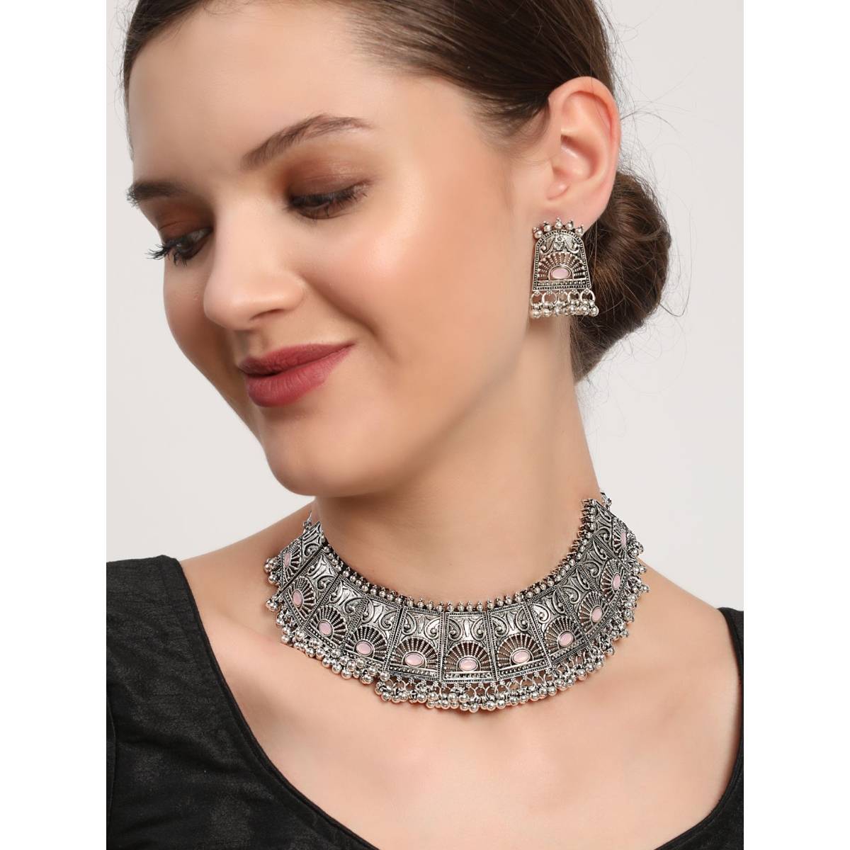 Aatmana Pink Stones Studded Oxidised Silver Plated Jewellery Set