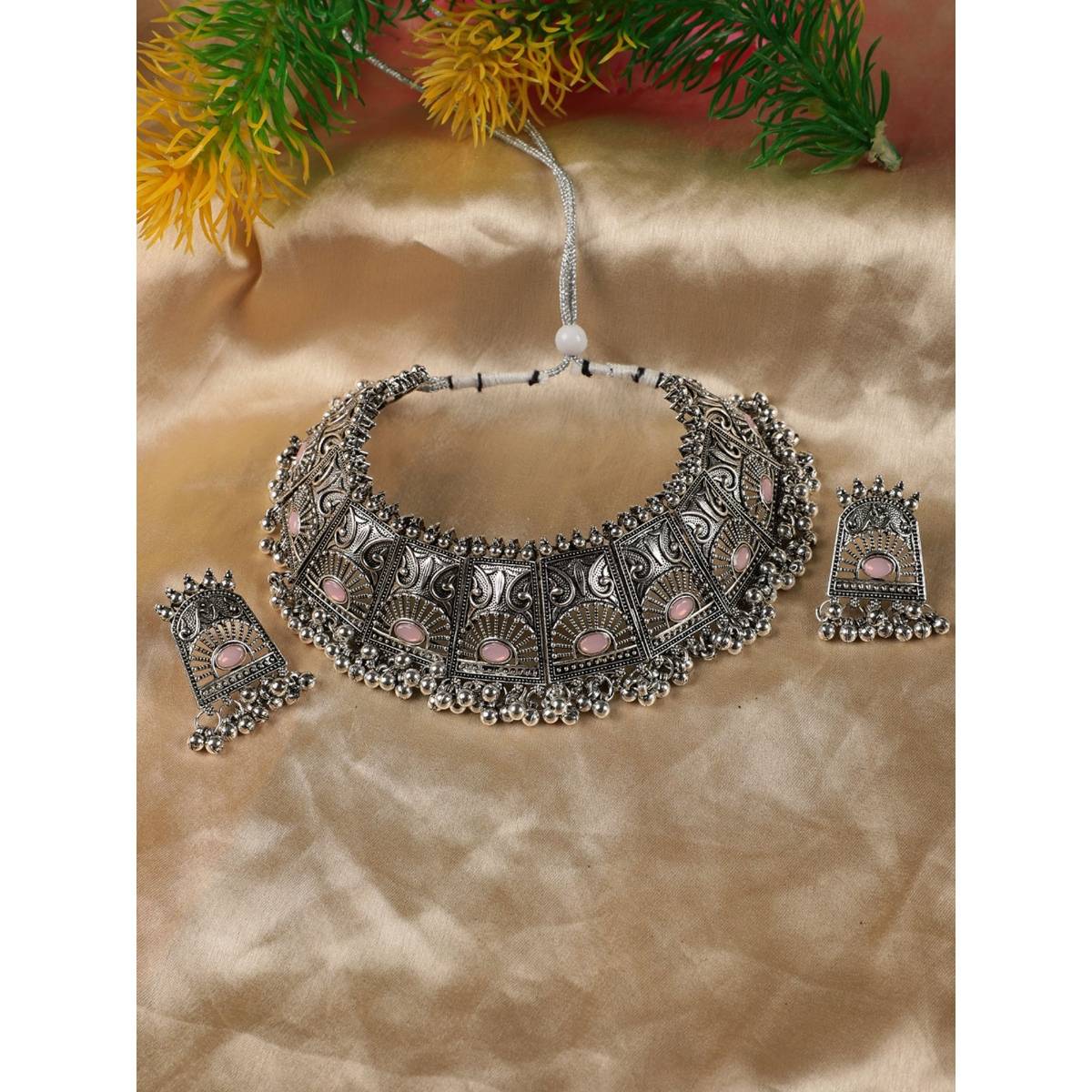 Aatmana Pink Stones Studded Oxidised Silver Plated Jewellery Set · One Size