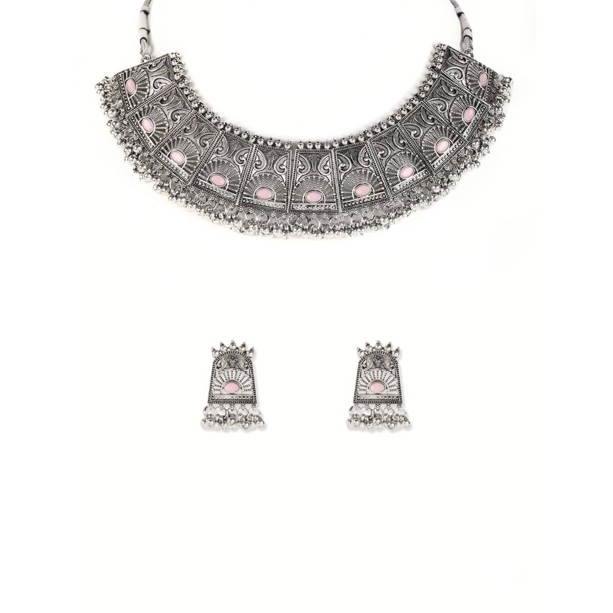 Aatmana Pink Stones Studded Oxidised Silver Plated Jewellery Set