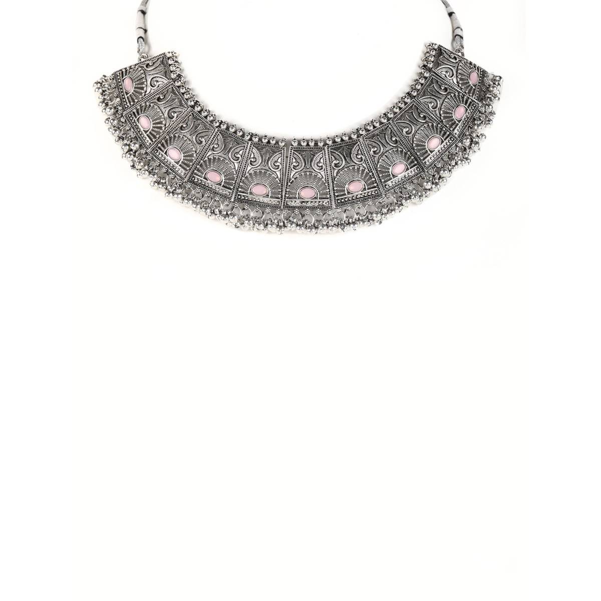 Aatmana Pink Stones Studded Oxidised Silver Plated Jewellery Set