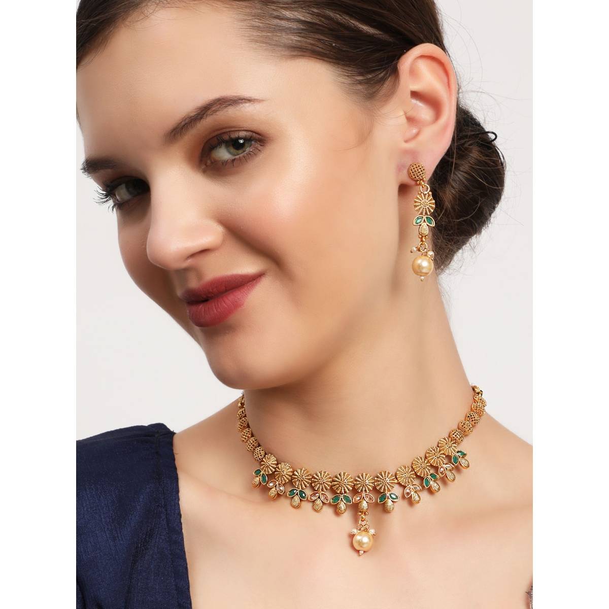 Aatmana Gold Plated & Green Stone Studded Handcrafted Jewellery Set