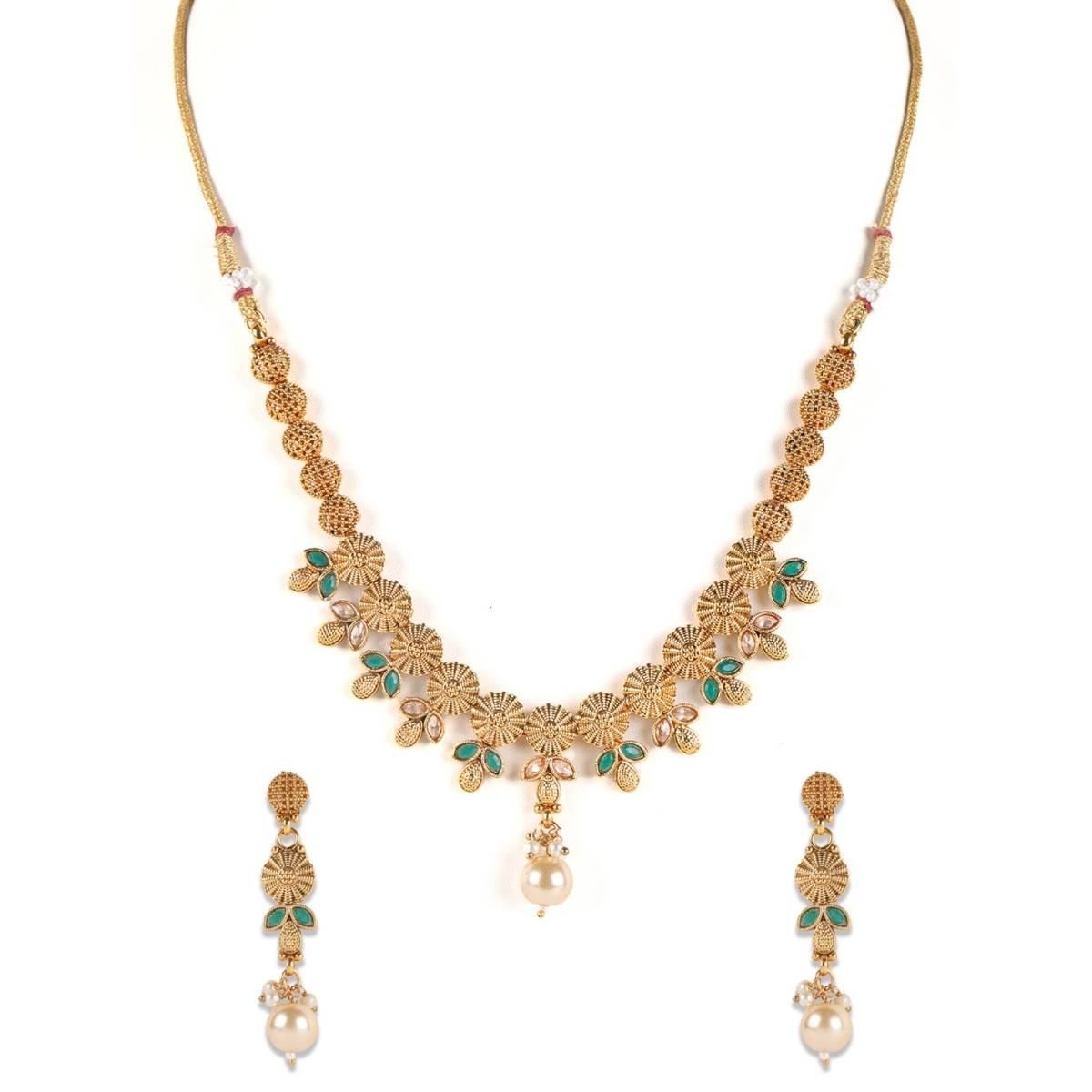 Aatmana Gold Plated & Green Stone Studded Handcrafted Jewellery Set