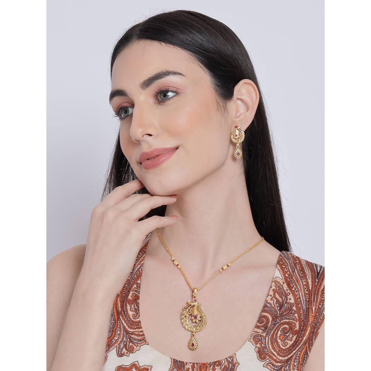 Aatmana Gold Plated Maroon Studded Handcrafted Jewellery Set