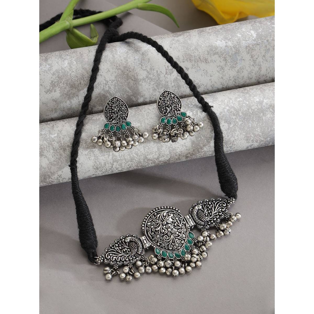Aatmana Oxidized Silver Plated Green Stone Handcrafted Peacock Shaped Jewellery Set