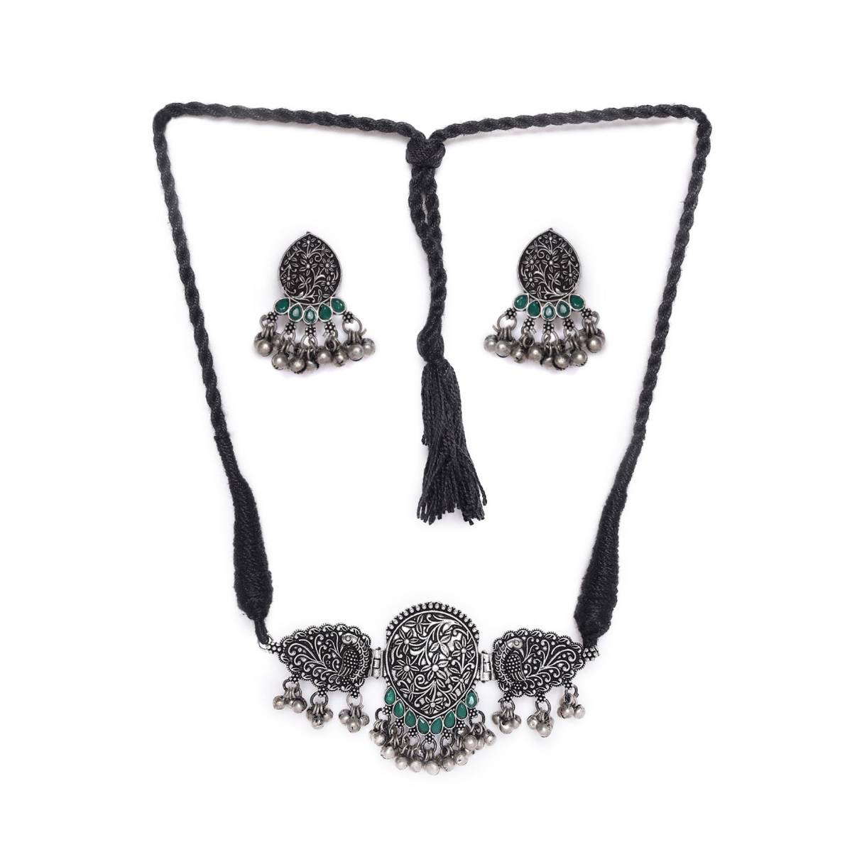 Aatmana Oxidized Silver Plated Green Stone Handcrafted Peacock Shaped Jewellery Set