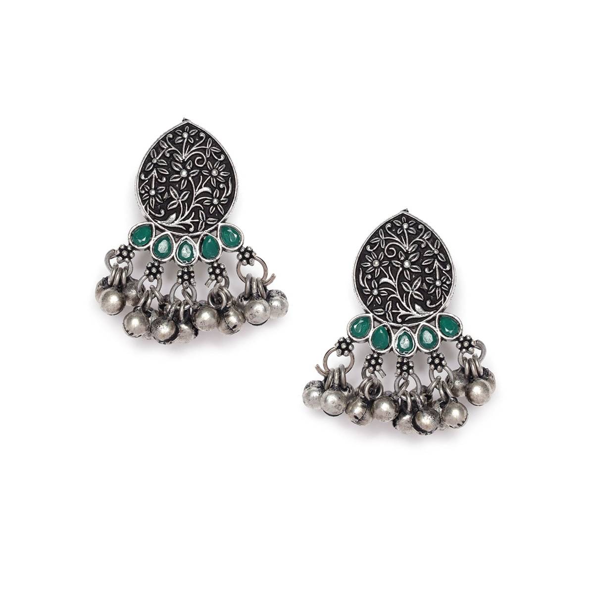 Aatmana Oxidized Silver Plated Green Stone Handcrafted Peacock Shaped Jewellery Set