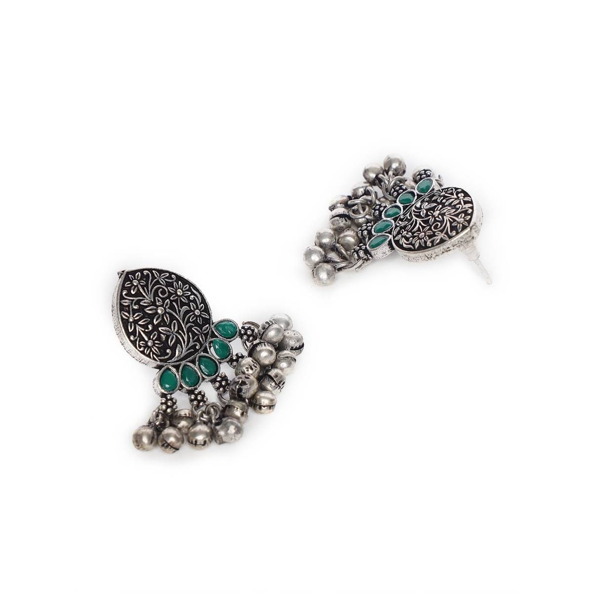Aatmana Oxidized Silver Plated Green Stone Handcrafted Peacock Shaped Jewellery Set