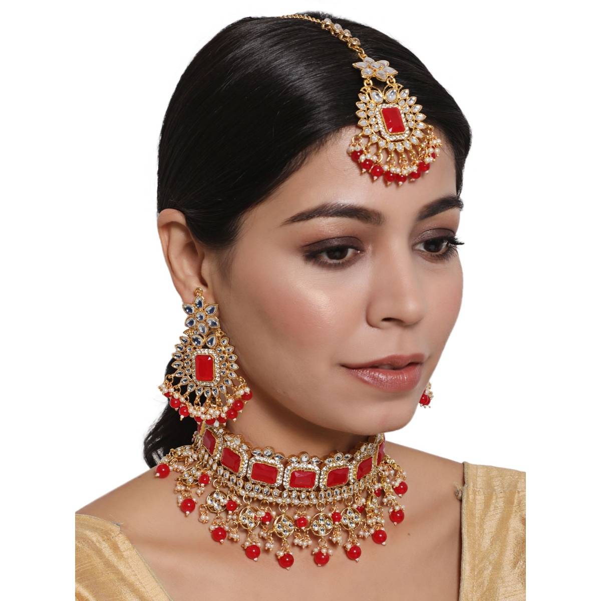 Aatmana Maroon Gold Plated & Pearl Beaded Kundan Choker Necklace,Earring & Maangtikka Set