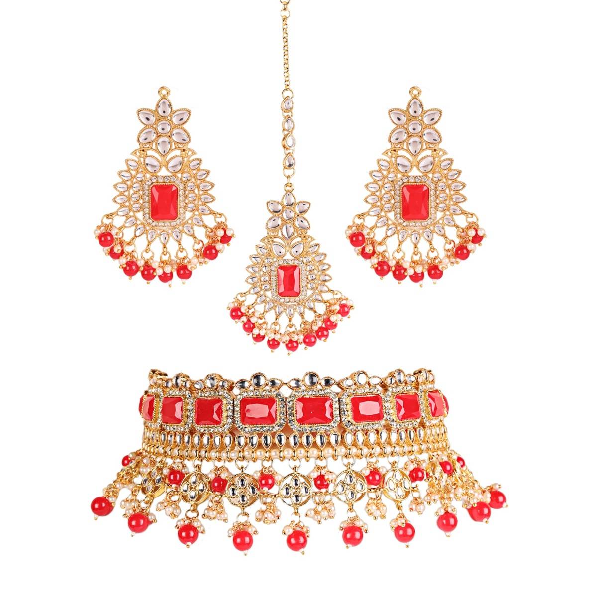 Aatmana Maroon Gold Plated & Pearl Beaded Kundan Choker Necklace,Earring & Maangtikka Set