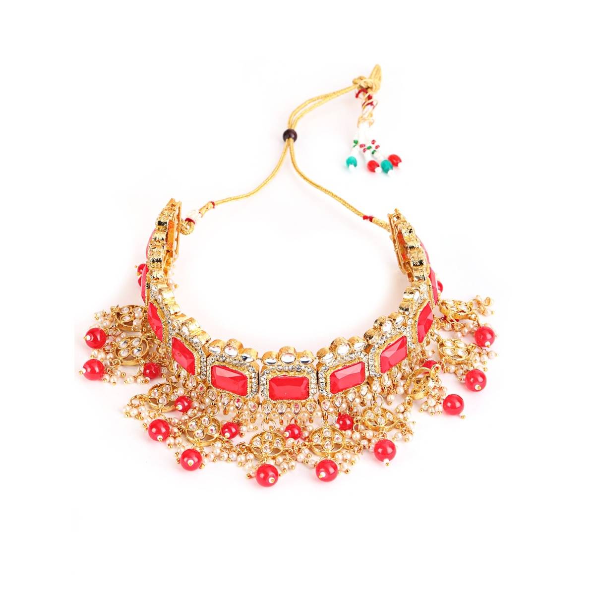 Aatmana Maroon Gold Plated & Pearl Beaded Kundan Choker Necklace,Earring & Maangtikka Set