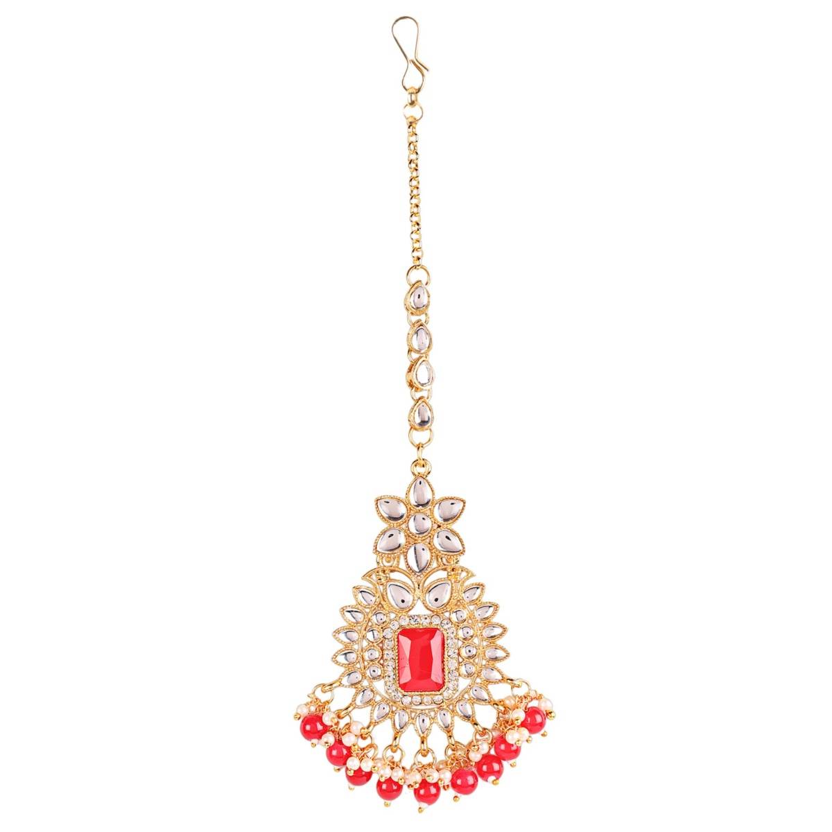 Aatmana Maroon Gold Plated & Pearl Beaded Kundan Choker Necklace,Earring & Maangtikka Set