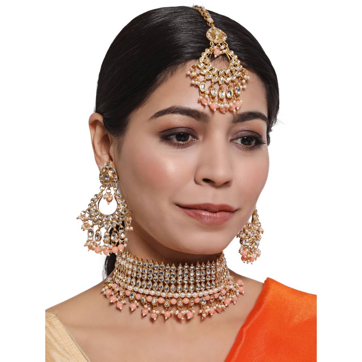 Aatmana Peach & White Gold Plated Kundan Studded & Beaded Handcrafted Jewellery Set