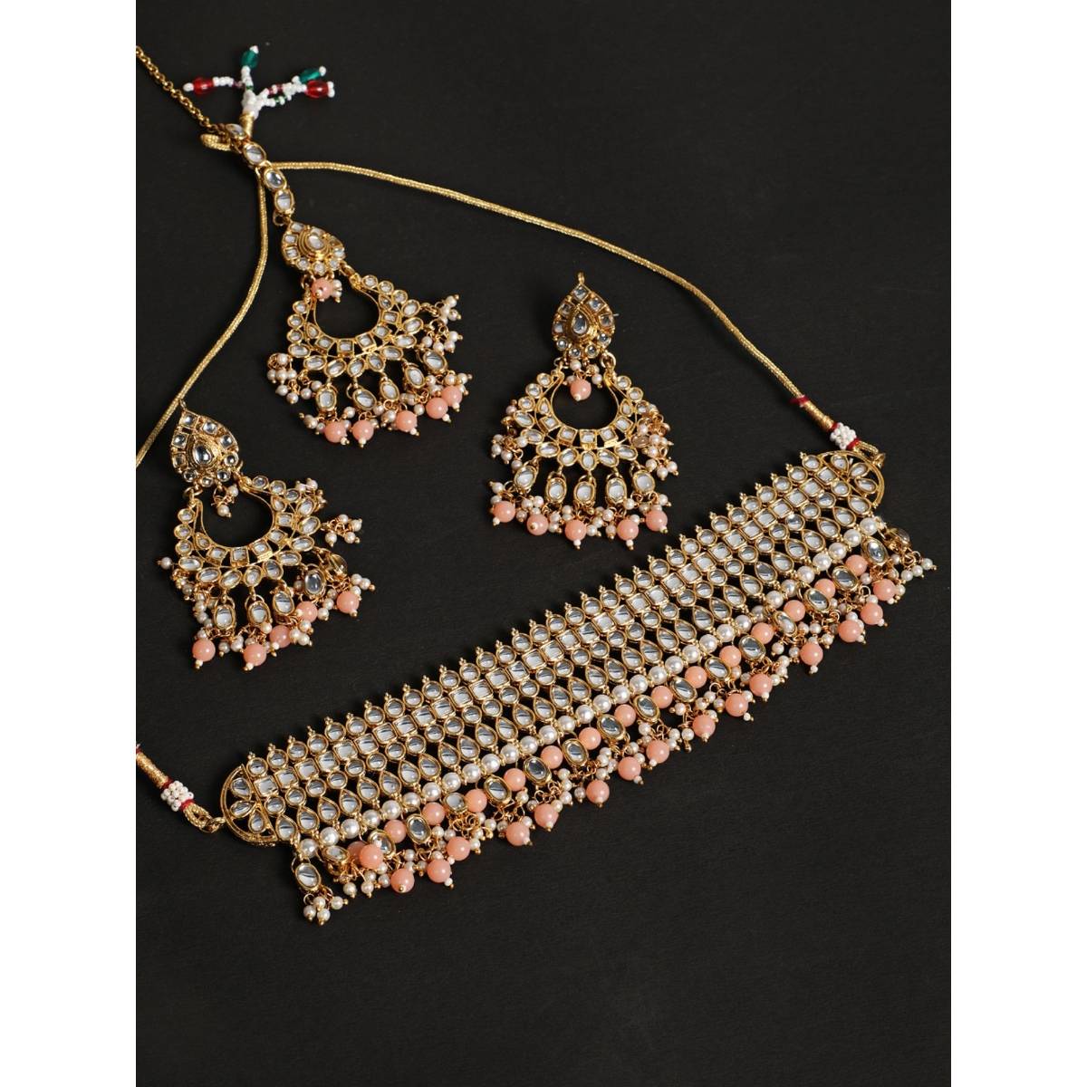 Aatmana Peach & White Gold Plated Kundan Studded & Beaded Handcrafted Jewellery Set