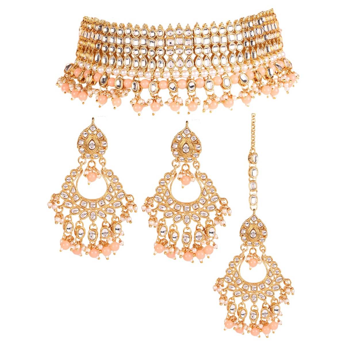 Aatmana Peach & White Gold Plated Kundan Studded & Beaded Handcrafted Jewellery Set