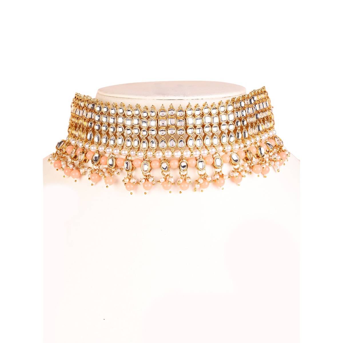 Aatmana Peach & White Gold Plated Kundan Studded & Beaded Handcrafted Jewellery Set