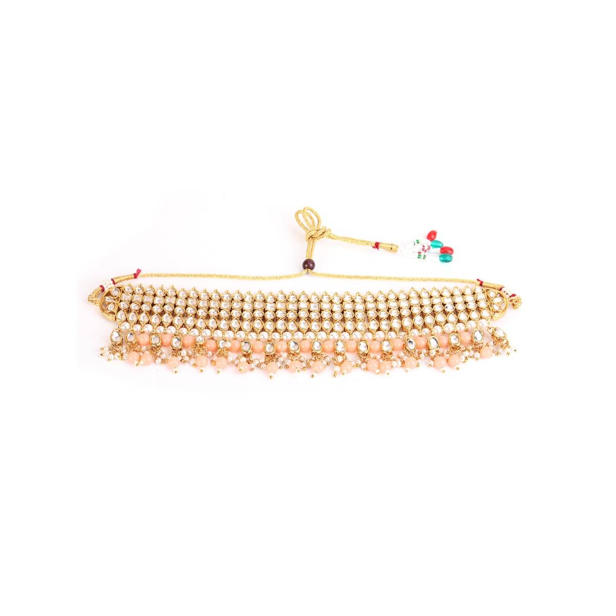 Aatmana Peach & White Gold Plated Kundan Studded & Beaded Handcrafted Jewellery Set