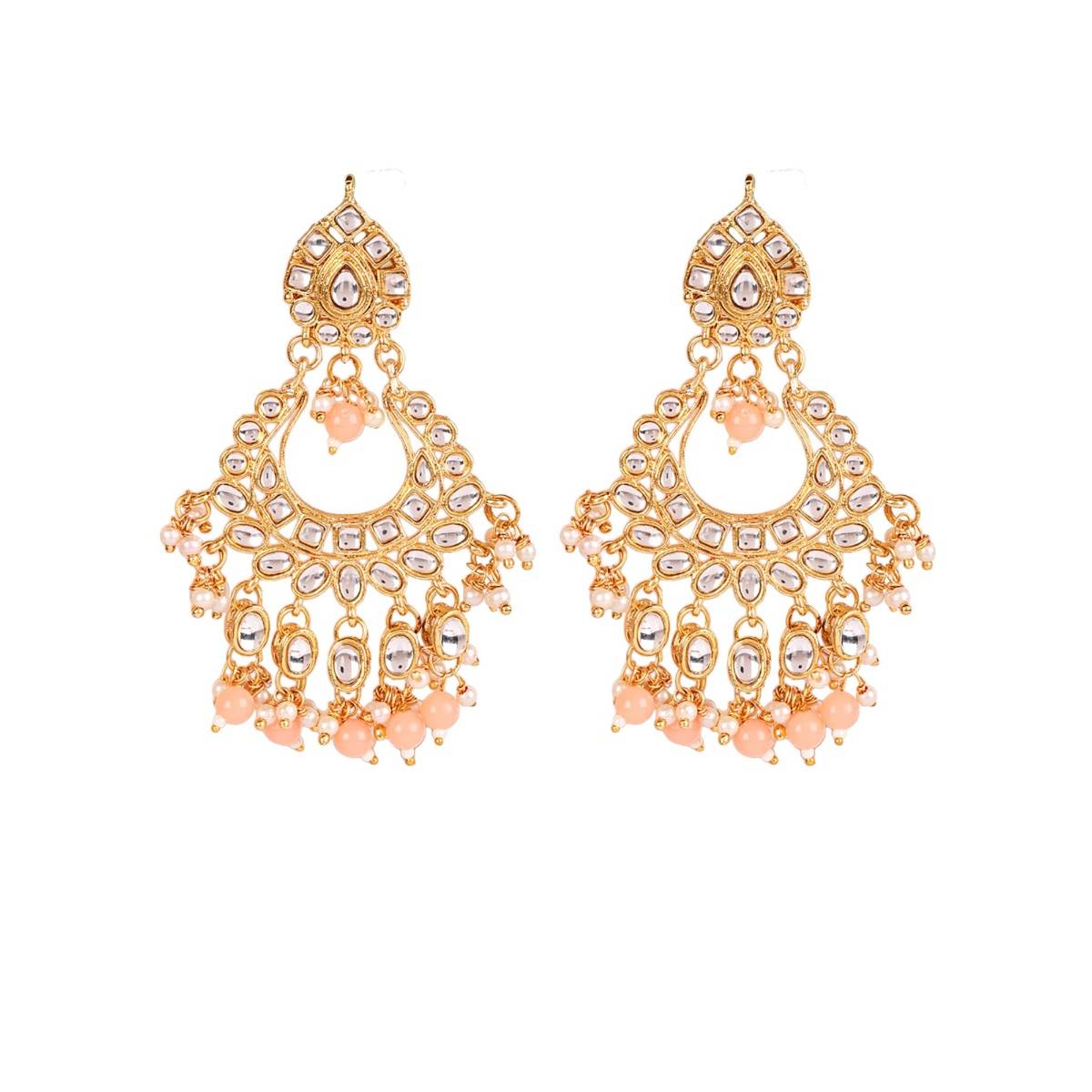 Aatmana Peach & White Gold Plated Kundan Studded & Beaded Handcrafted Jewellery Set