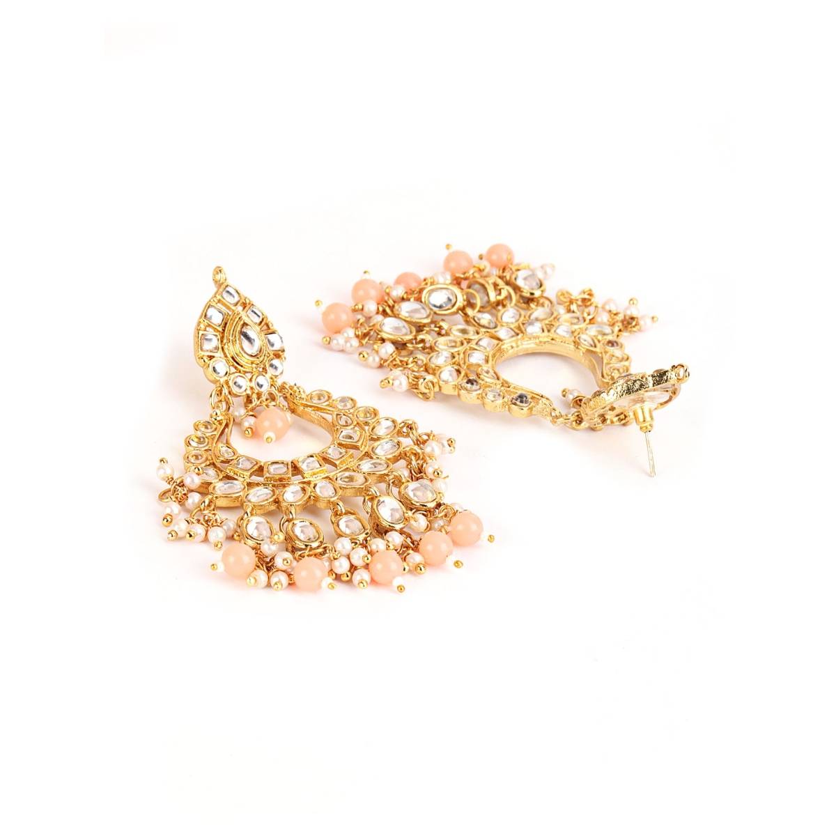 Aatmana Peach & White Gold Plated Kundan Studded & Beaded Handcrafted Jewellery Set