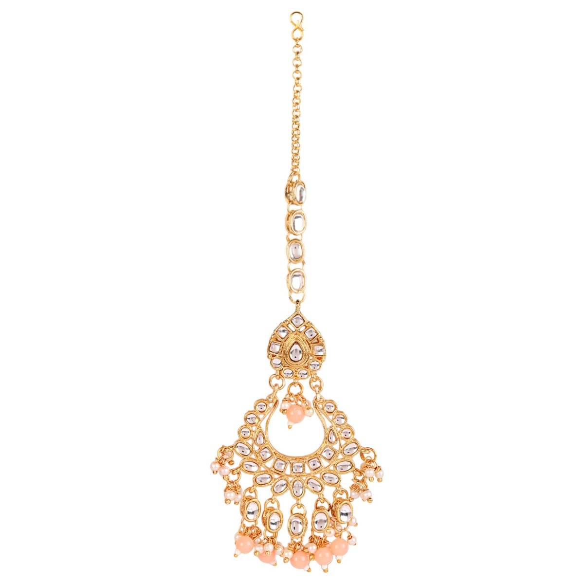 Aatmana Peach & White Gold Plated Kundan Studded & Beaded Handcrafted Jewellery Set