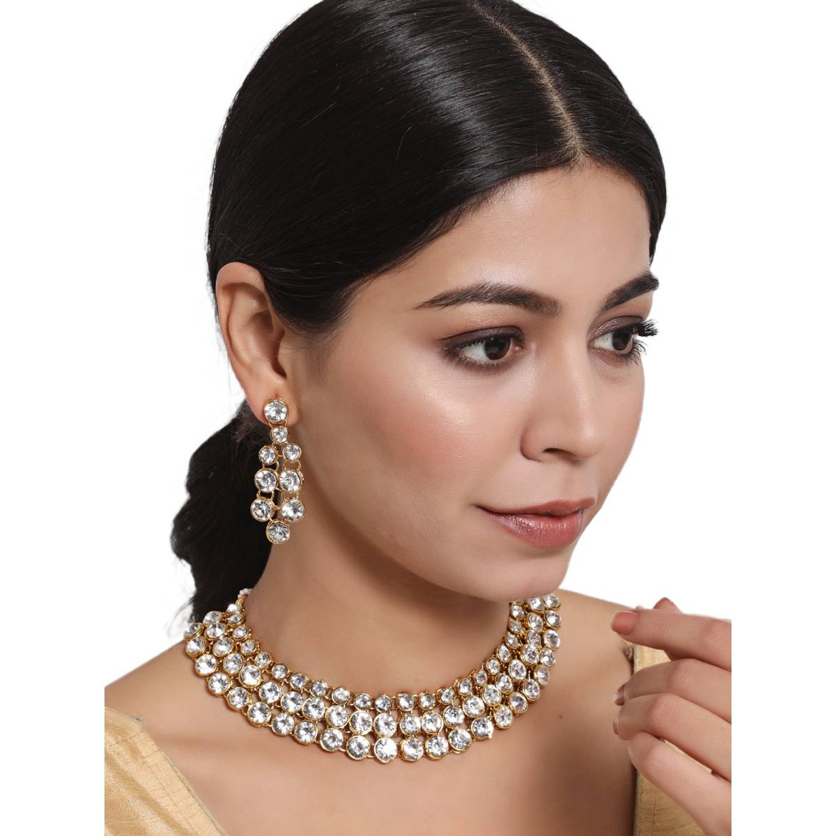 Aatmana White Gold Plated Stone Studded Layered Jewellery Set