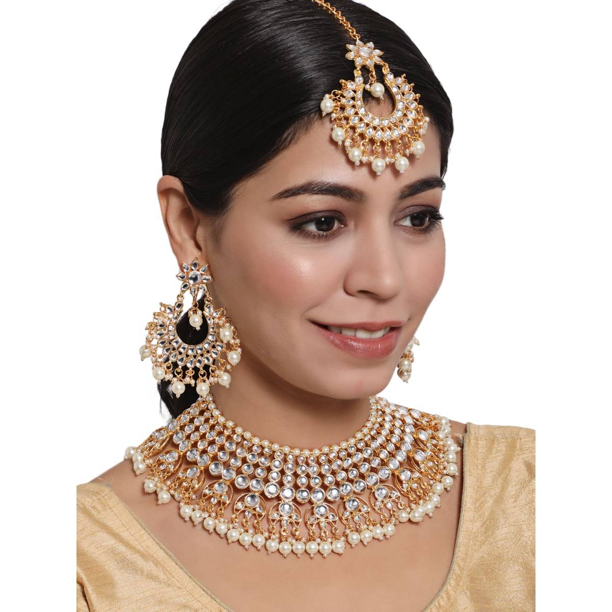 Aatmana Off White Gold Plated Kundan Studded & Beaded Handcrafted Jewellery Set