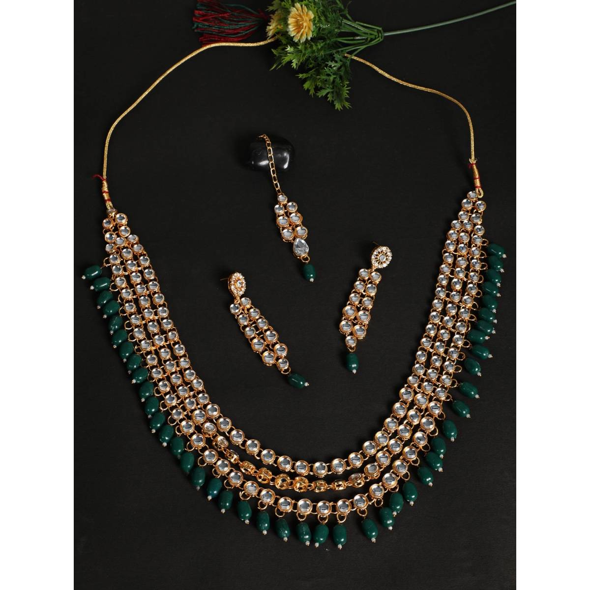 Aatmana Green Gold Plated Bridal Kundan Layered Jewellery Set