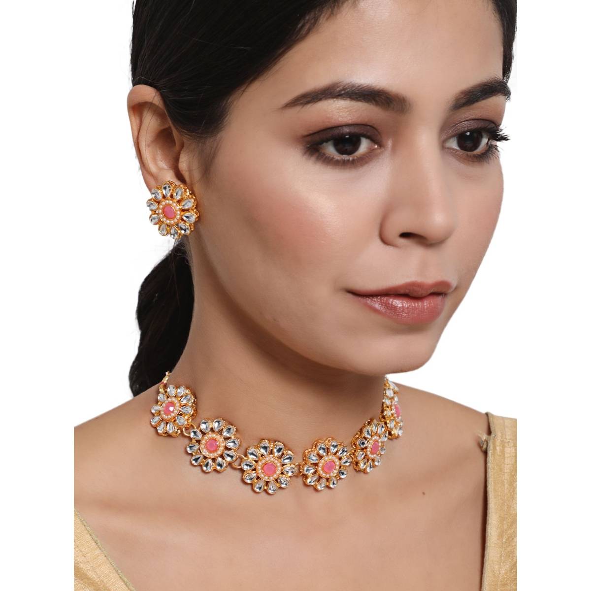 Aatmana Gold Plated White & Pink Kundan Studded Floral Traditional Jewellery Set