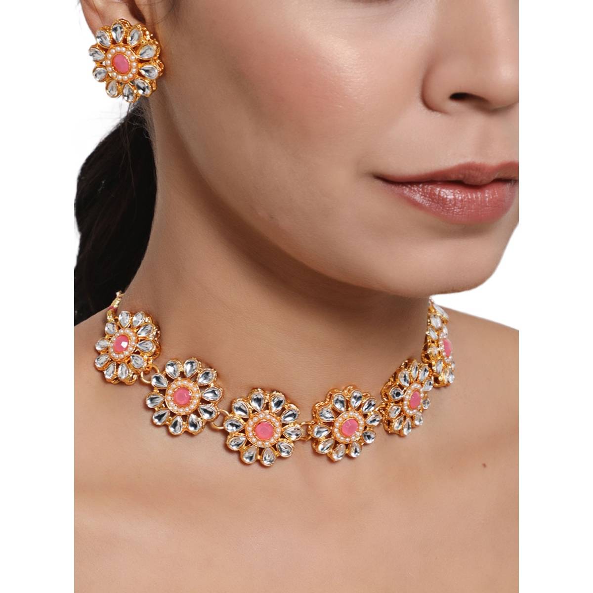 Aatmana Gold Plated White & Pink Kundan Studded Floral Traditional Jewellery Set