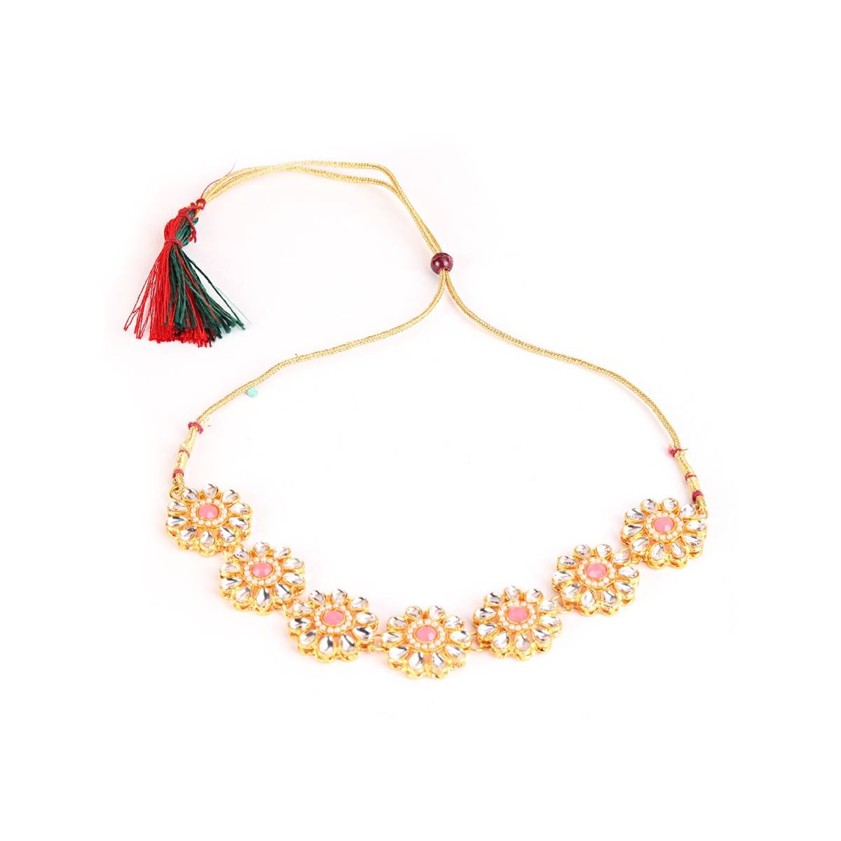 Aatmana Gold Plated White & Pink Kundan Studded Floral Traditional Jewellery Set