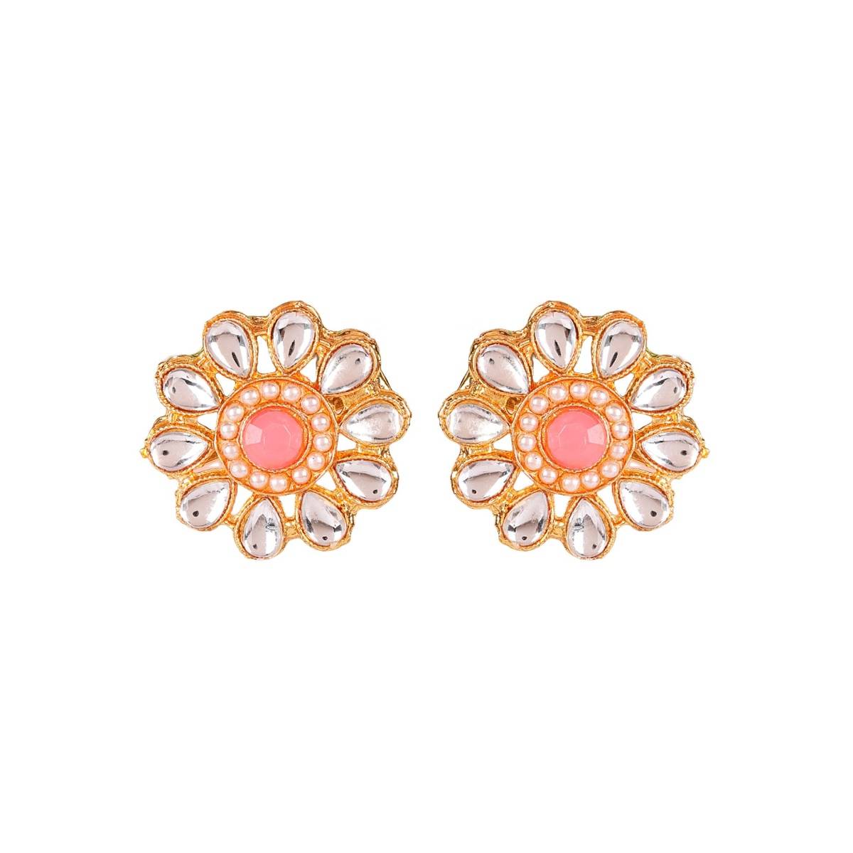 Aatmana Gold Plated White & Pink Kundan Studded Floral Traditional Jewellery Set