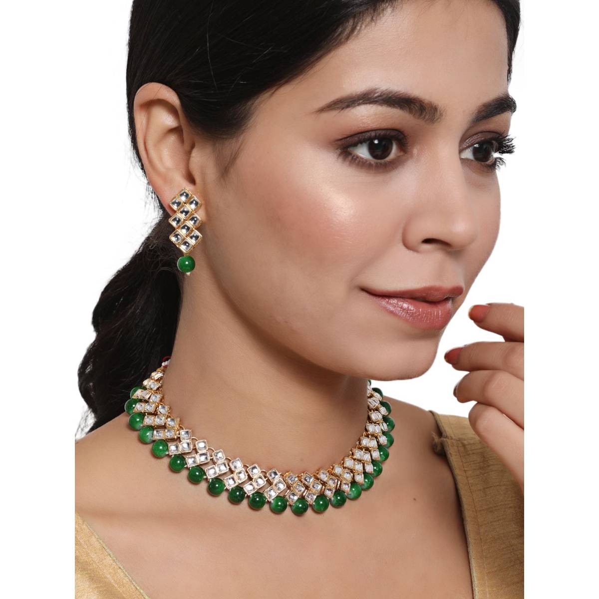Aatmana Gold Toned Kundan & Green Beads Jewellery Set