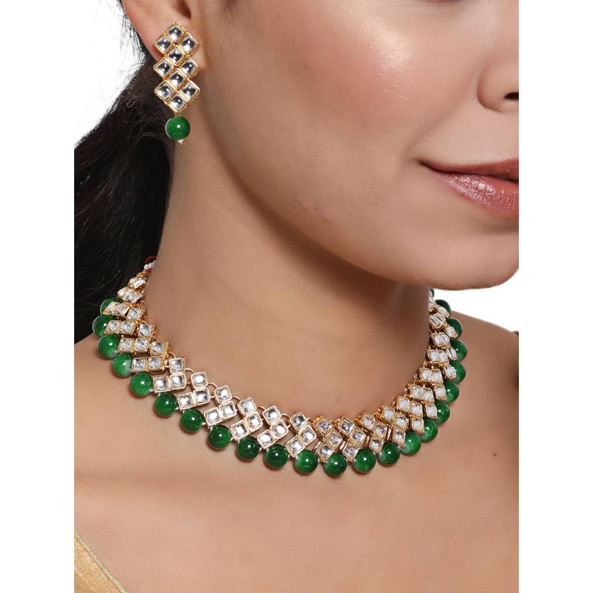 Aatmana Gold Toned Kundan & Green Beads Jewellery Set