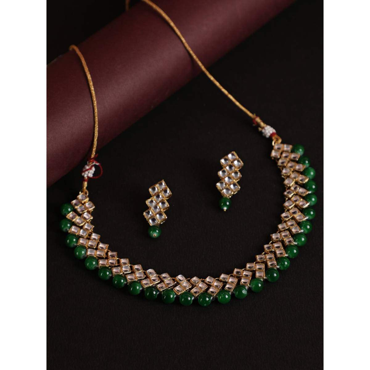 Aatmana Gold Toned Kundan & Green Beads Jewellery Set