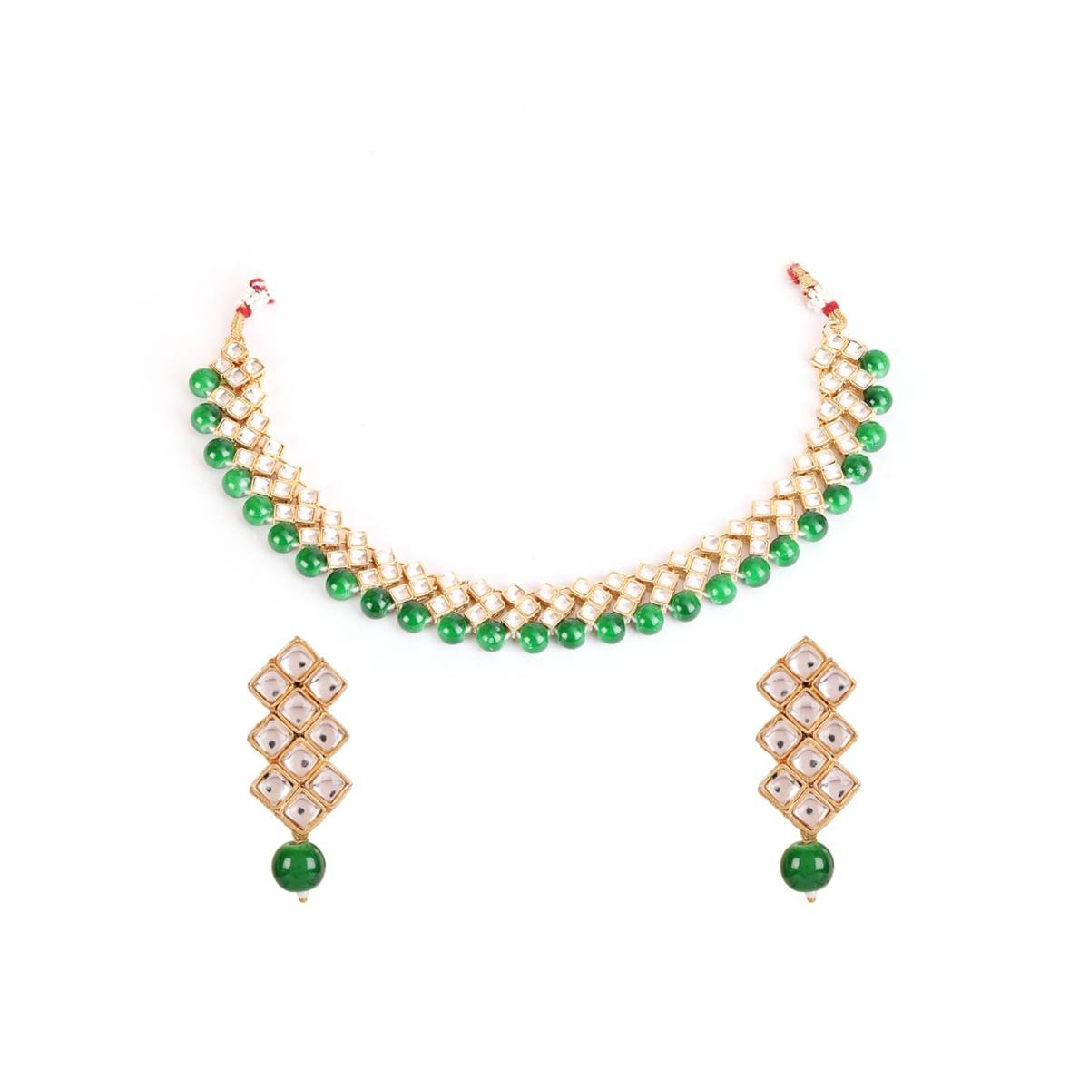 Aatmana Gold Toned Kundan & Green Beads Jewellery Set