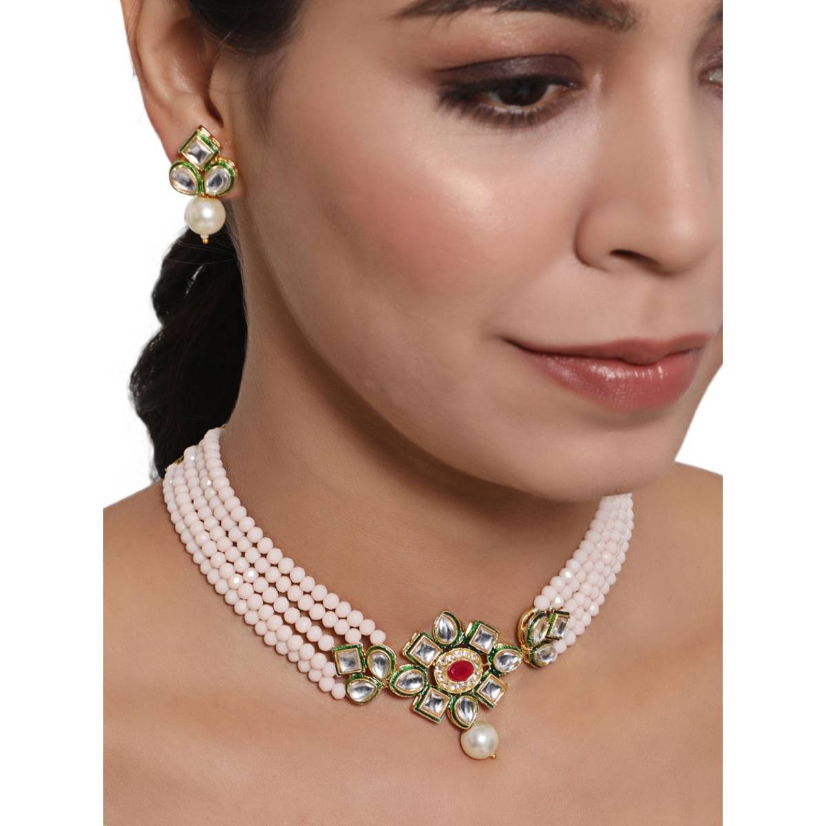 Aatmana Gold Plated Pink & Green Kundan Studded & Beaded Handcrafted Jewellery Set